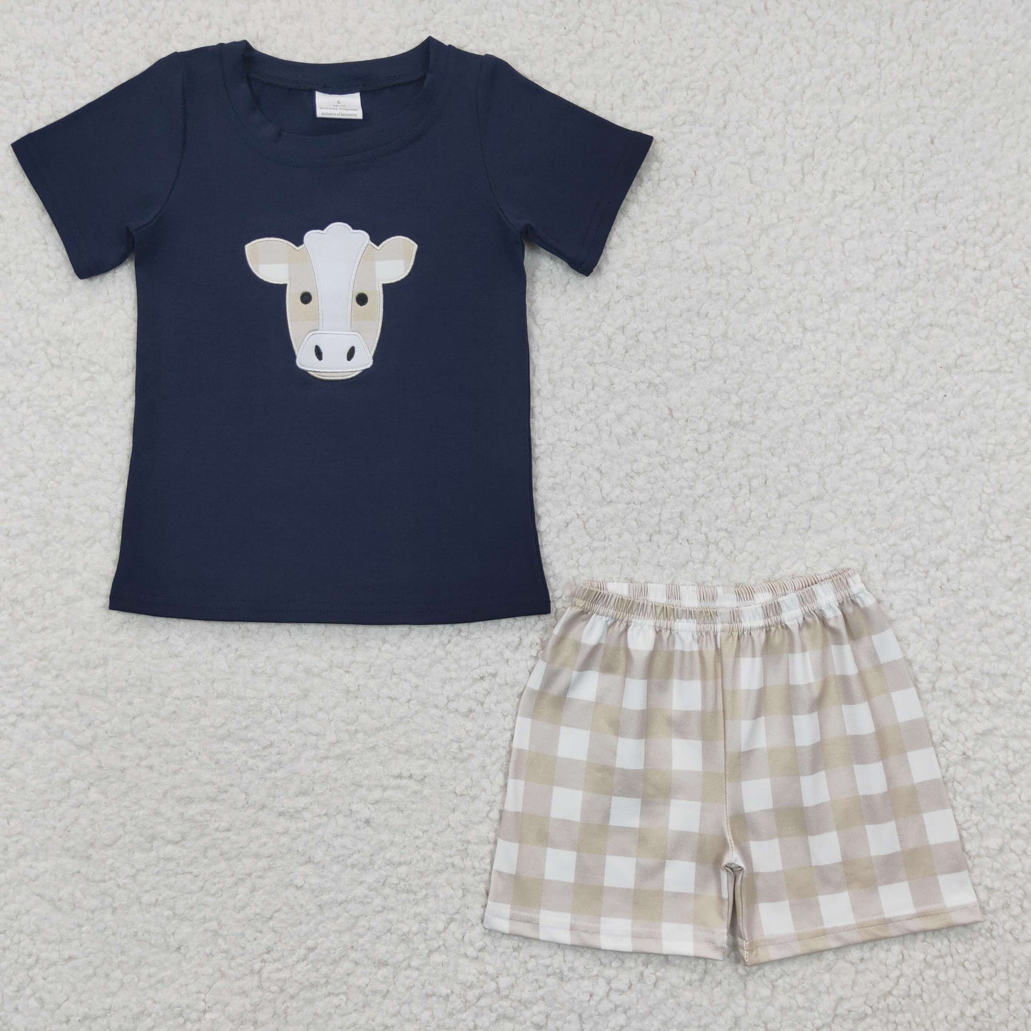 A14-11 Embroidery Blue Cow Boys Short Sleeve Shorts Outfits