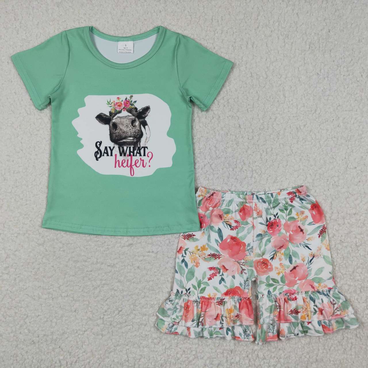 C4-16 Say What Heifer Floral Cow Green Girls Short Sleeve Shorts Outfits