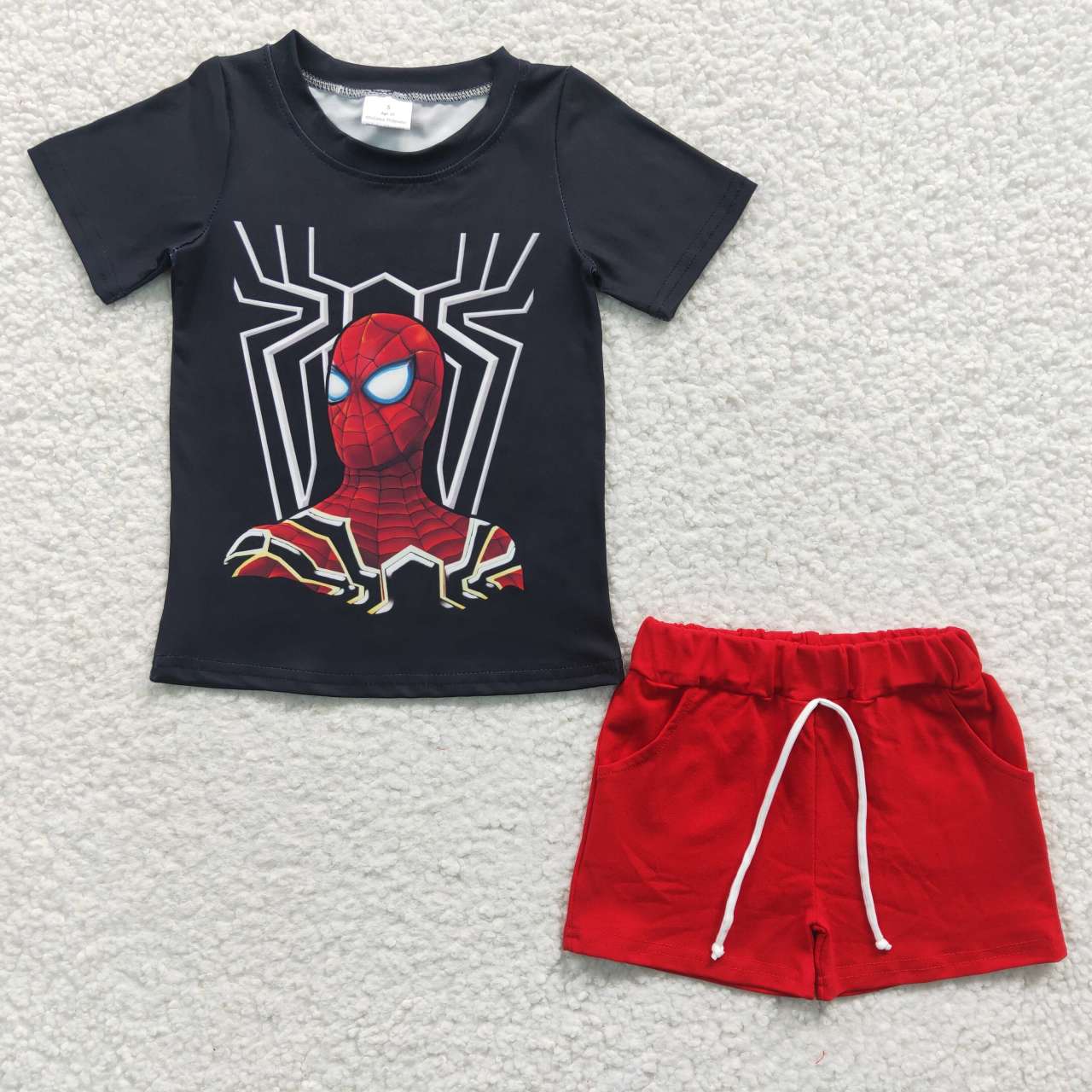 BSSO0226 Red Black Spider Cartoon Boys Short Sleeve Shorts Outfits