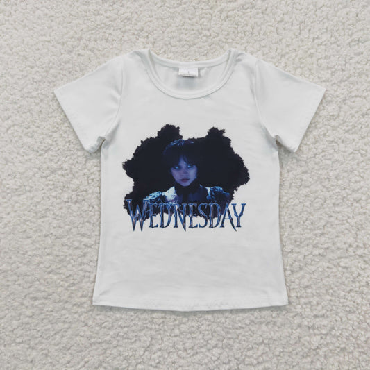 GT0171 Wed White Blue  Girls Short Sleeve Top T-shirts