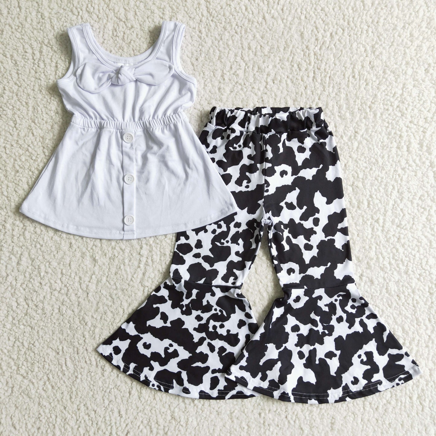 A18-4 White Black Cow Print Tunic With Bow Girls Sleeveless Pants Outfits