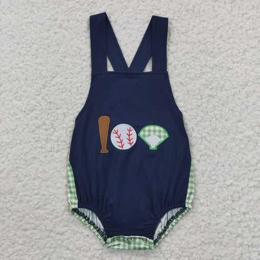 SR0272 Blue Softball Baseball  Embroidery Boys Flutter Sleeve Romper