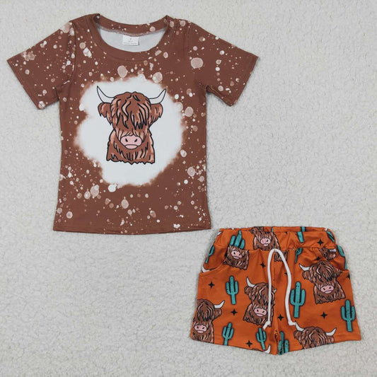 BSSO0199 Brown Highland Cow Cactus Western Boys Short Sleeve Shorts Outfits