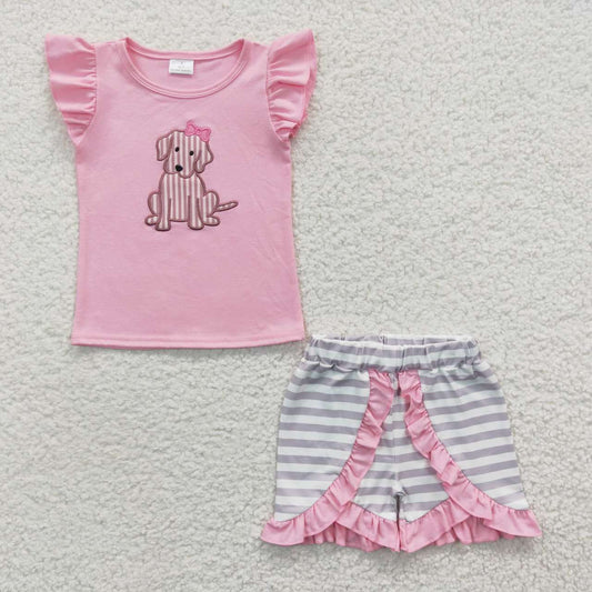 GSSO0223 Pink Dog Embroidery Girls Short Sleeve Shorts Outfits