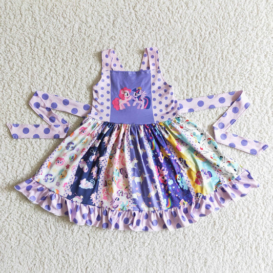 Clearance A17-4 Purple Cartoon Dots Girls Belt Patchwork Sleeveless Dresses