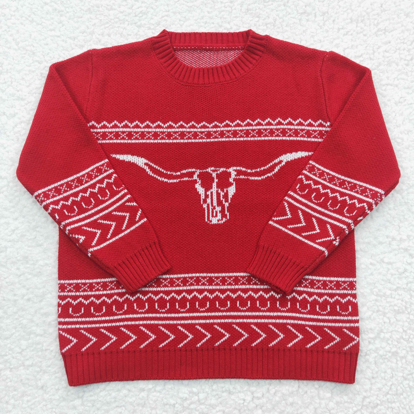 BT0218 Red Highland Cow Boys Long Sleeve Sweater