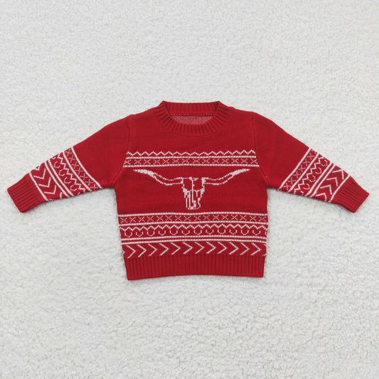 BT0218 Red Highland Cow Boys Long Sleeve Sweater