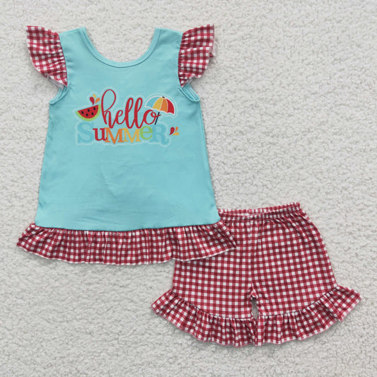 GSSO0134 Hello Summer Blue Red Plaid Ruffles Girls Short Sleeve Shorts Outfits