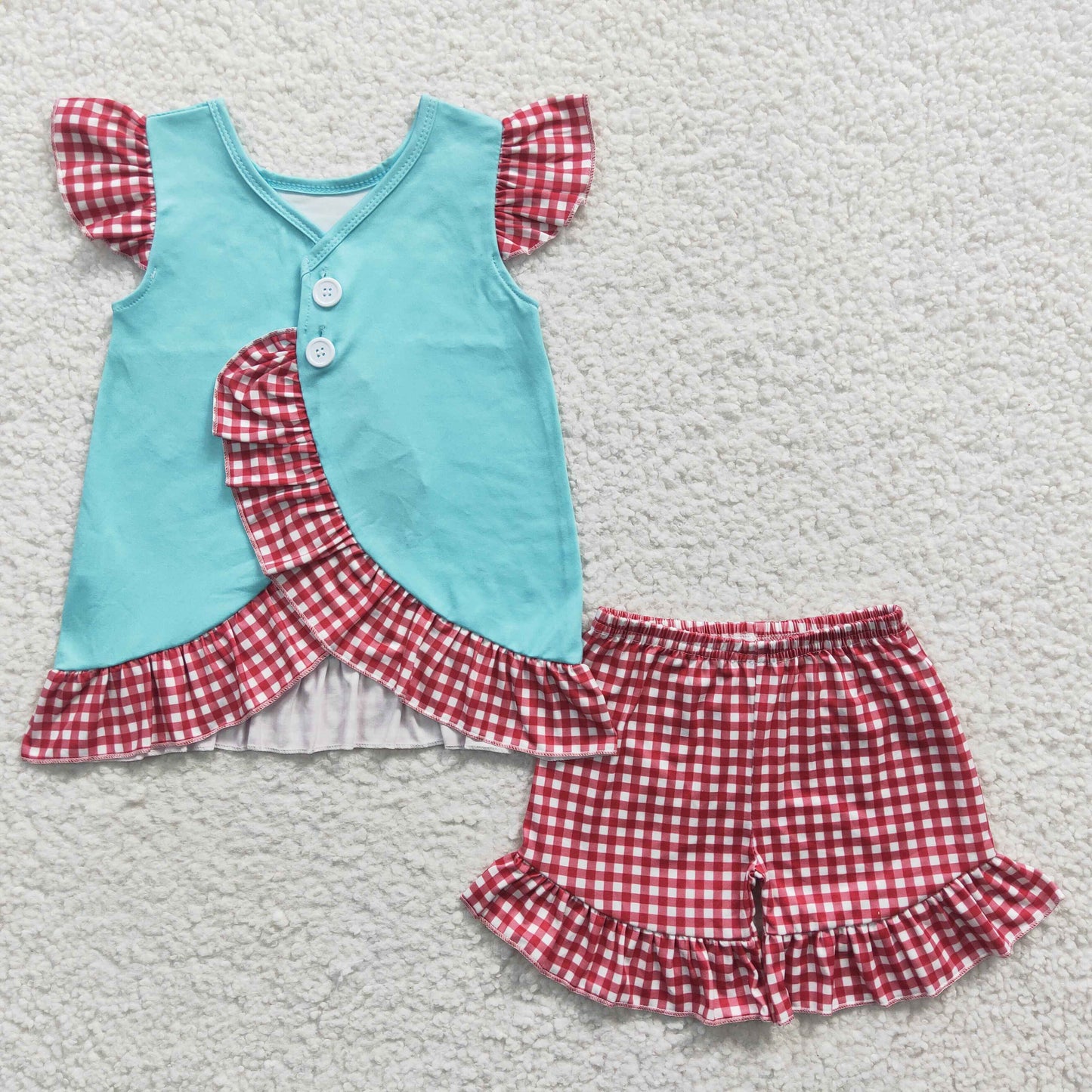 GSSO0134 Hello Summer Blue Red Plaid Ruffles Girls Short Sleeve Shorts Outfits