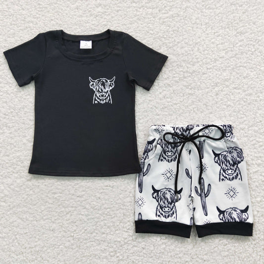 BSSO0209 Black White Highland Cow Boys Short Sleeve Shorts Outfits