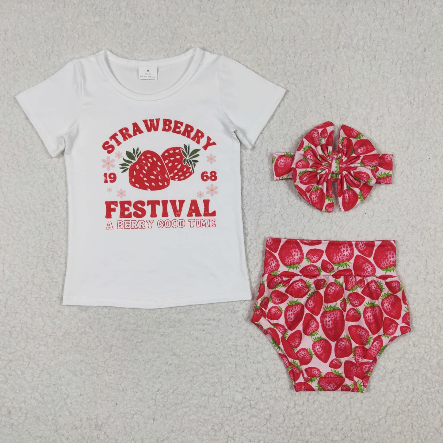 GBO0097 Red Strawberry Festival Berry Good Time 3Pcs Bows Headband With Girls Short Sleeve Bummies Outfits