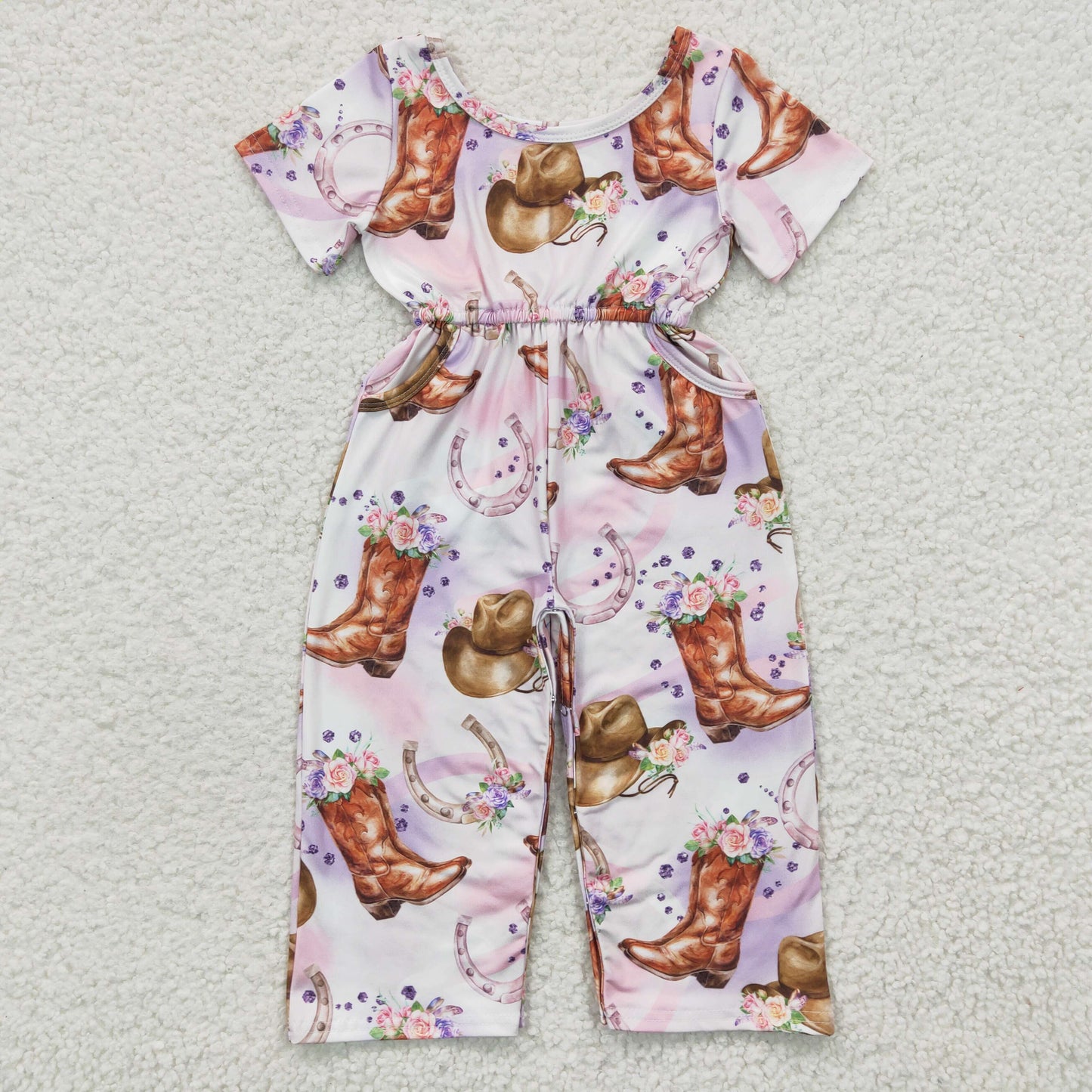 SR0225 Pink Cowboy Boots Hat Floral Girls Sleeveless Jumpsuit Overall Pants