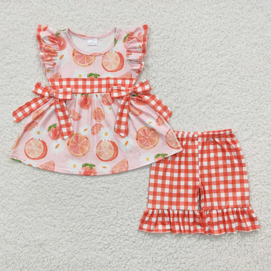 GSSO0239 Orange Plaid Bow Girls Short Sleeve Shorts Outfits