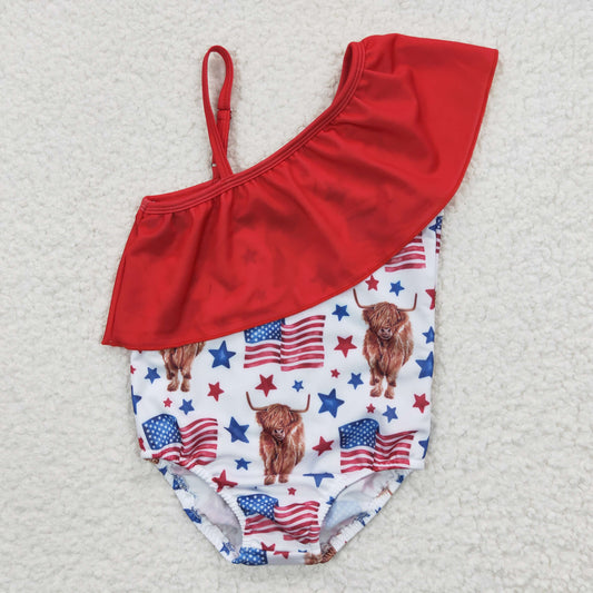 S0101 4th Of July Red Blue Flag Highland Cow  Girls Swimming Bathing Suits Swimsuits