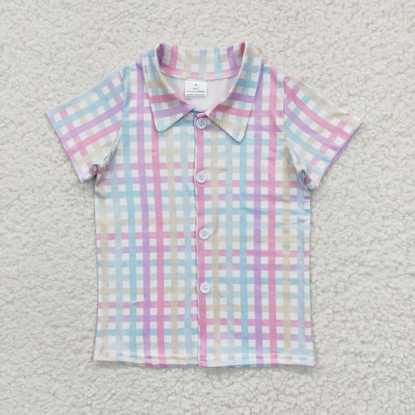 BT0215  Pink Blue Plaid  Boys Short Sleeve Top Collar T-Shirts