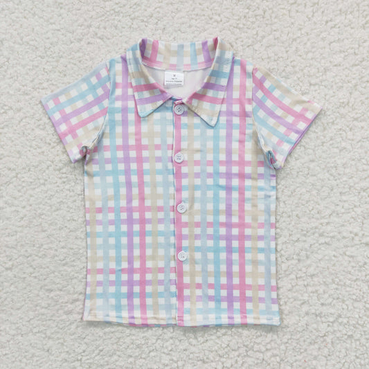 BT0215  Pink Blue Plaid  Boys Short Sleeve Top Collar T-Shirts