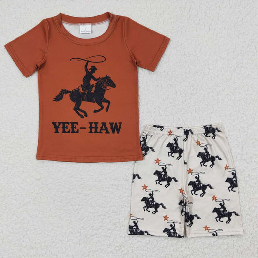 BSSO0189 Brown Cowboy Yee Haw Rodeo Boys Short Sleeve Shorts Outfits