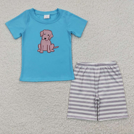 BSSO0214 Blue Dog Embroidery Boys Short Sleeve Shorts Outfits