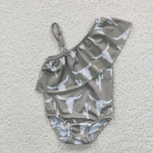 S0106 Grey Highland Cow  Girls Swimming Bathing Suits Swimsuits