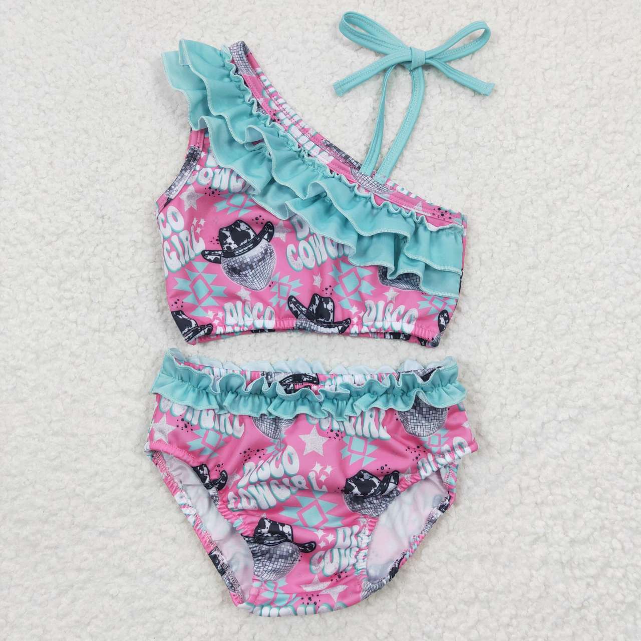 S0097 Pink Blue Cowboy Highland Cow  Girls Swimming Bathing Suits Swimsuits