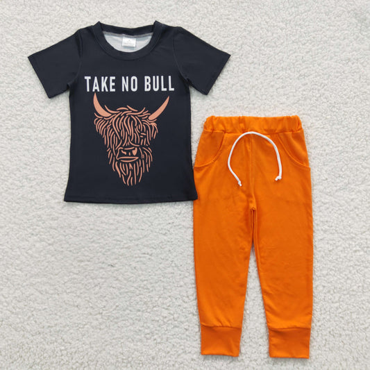 BSPO0099  Orange Take No Bull Highland Cow Boys Short Sleeve Pants Outfits