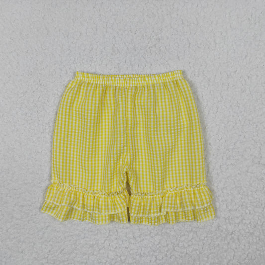 SS0065 Yellow Plaid Ruffles Girls Shorts Pants