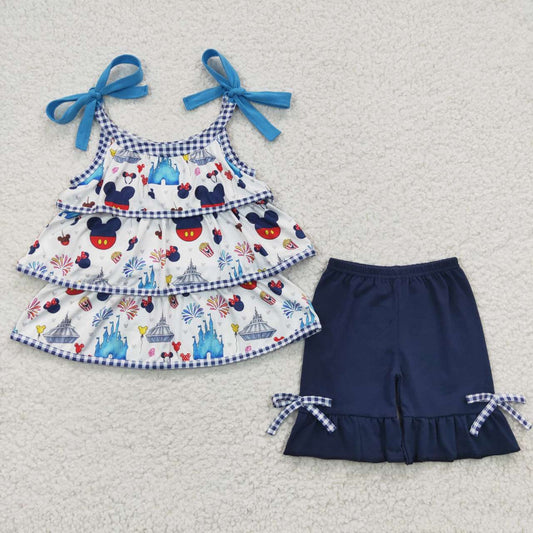 GSSO0218 Blue M Cartoon Ruffles Girls Short Sleeve Shorts Outfits