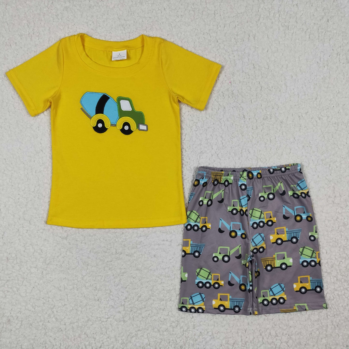 BSSO0186 Yellow Car Embroidery Boys Short Sleeve Shorts Outfits