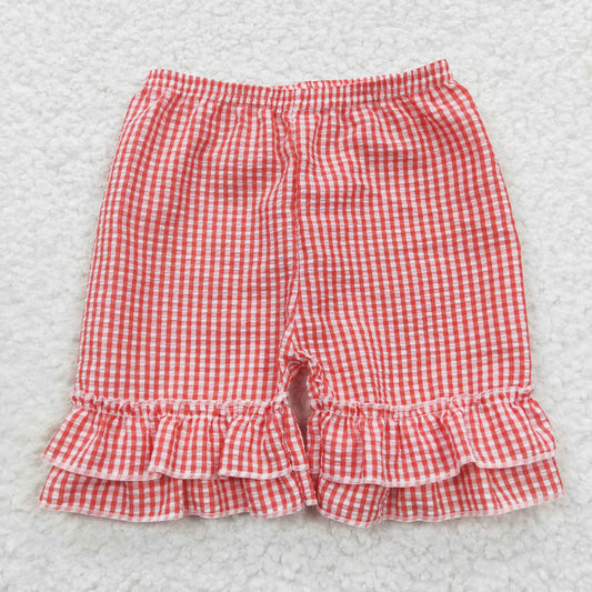 SS0064  Red Plaid Ruffles Girls Shorts Pants