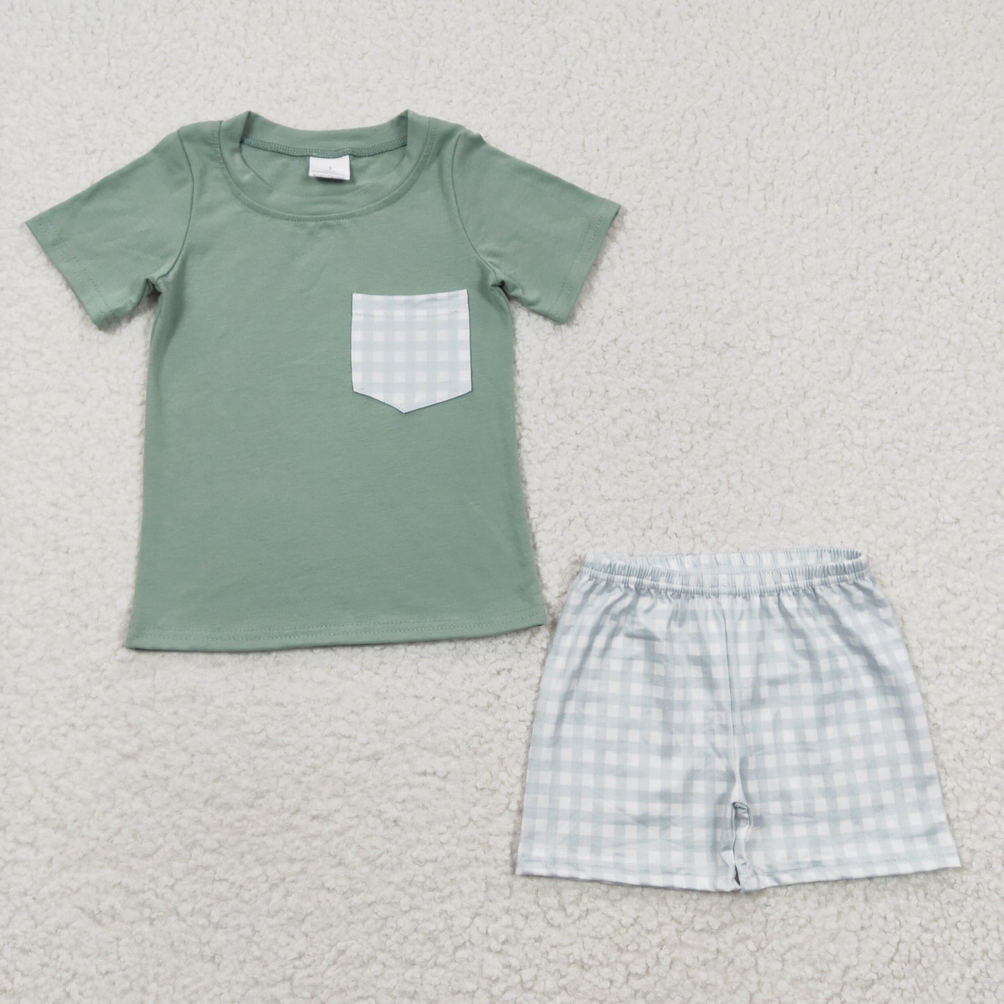 BSSO0236 Green Plaid  Pocket Boys Short Sleeve Shorts Outfits