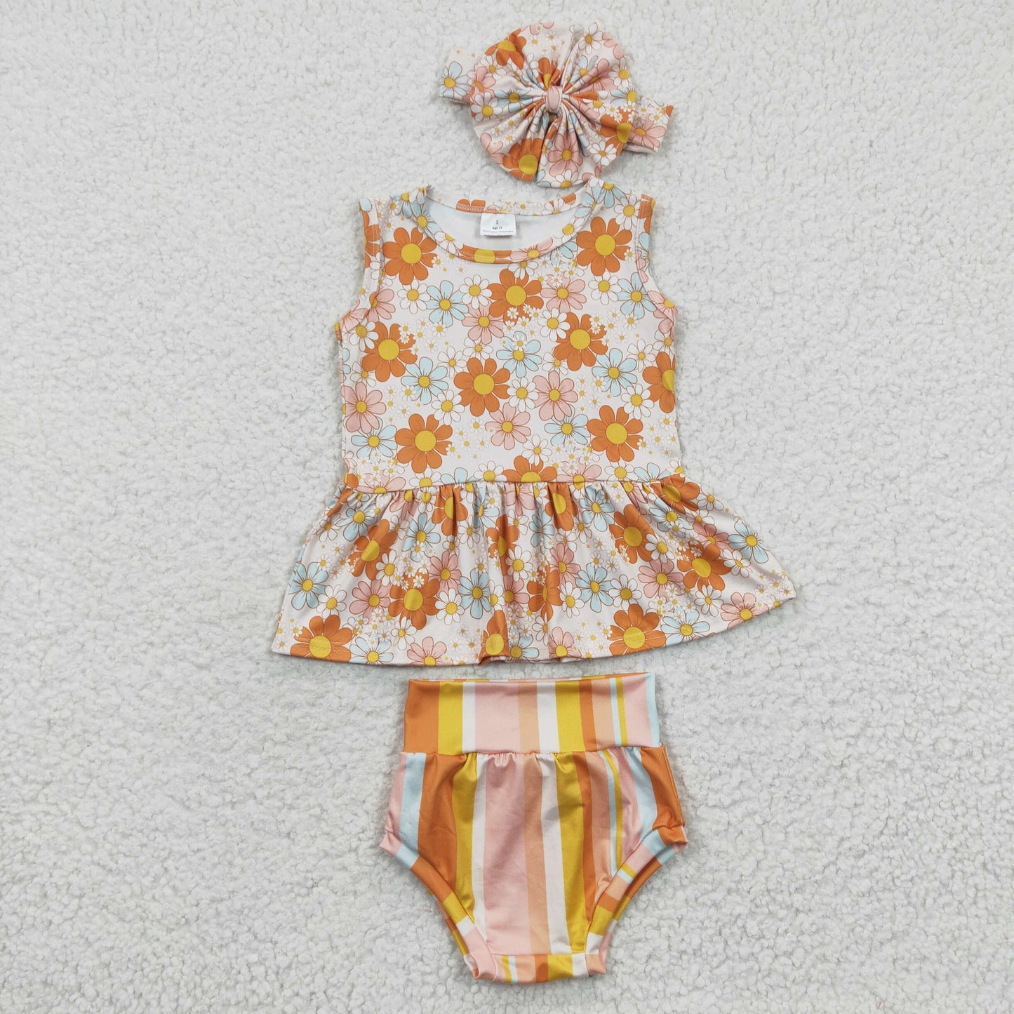 GBO0106 Orange Yellow Floral With Headband Bow 3pcs Girls Short Sleeve Bummies Outfits