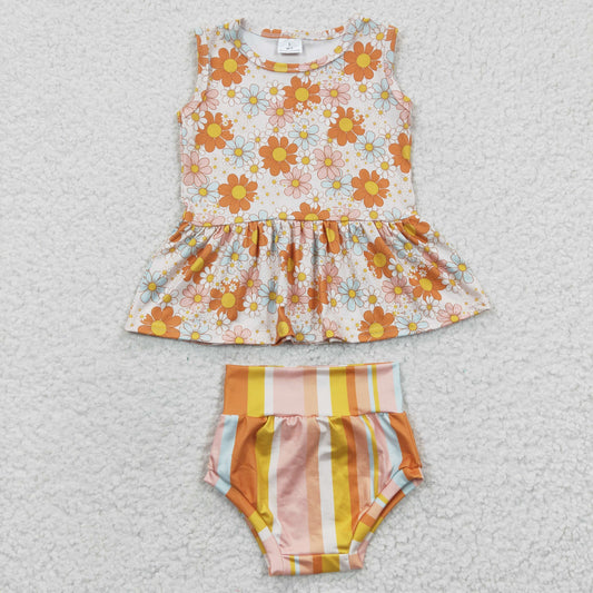 GBO0106 Orange Yellow Floral With Headband Bow 3pcs Girls Short Sleeve Bummies Outfits