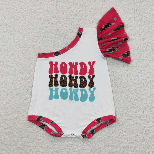 SR0316 Pink Howdy Western Girls Short Sleeve Romper