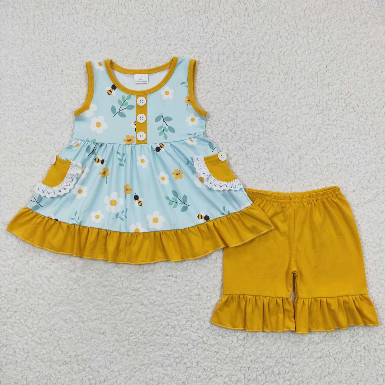 GSSO0242 Yellow Blue Bee Floral Pockets Girls Short Sleeve Shorts Outfits