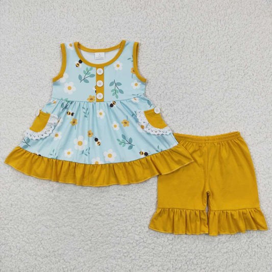 GSSO0242 Yellow Blue Bee Floral Pockets Girls Short Sleeve Shorts Outfits