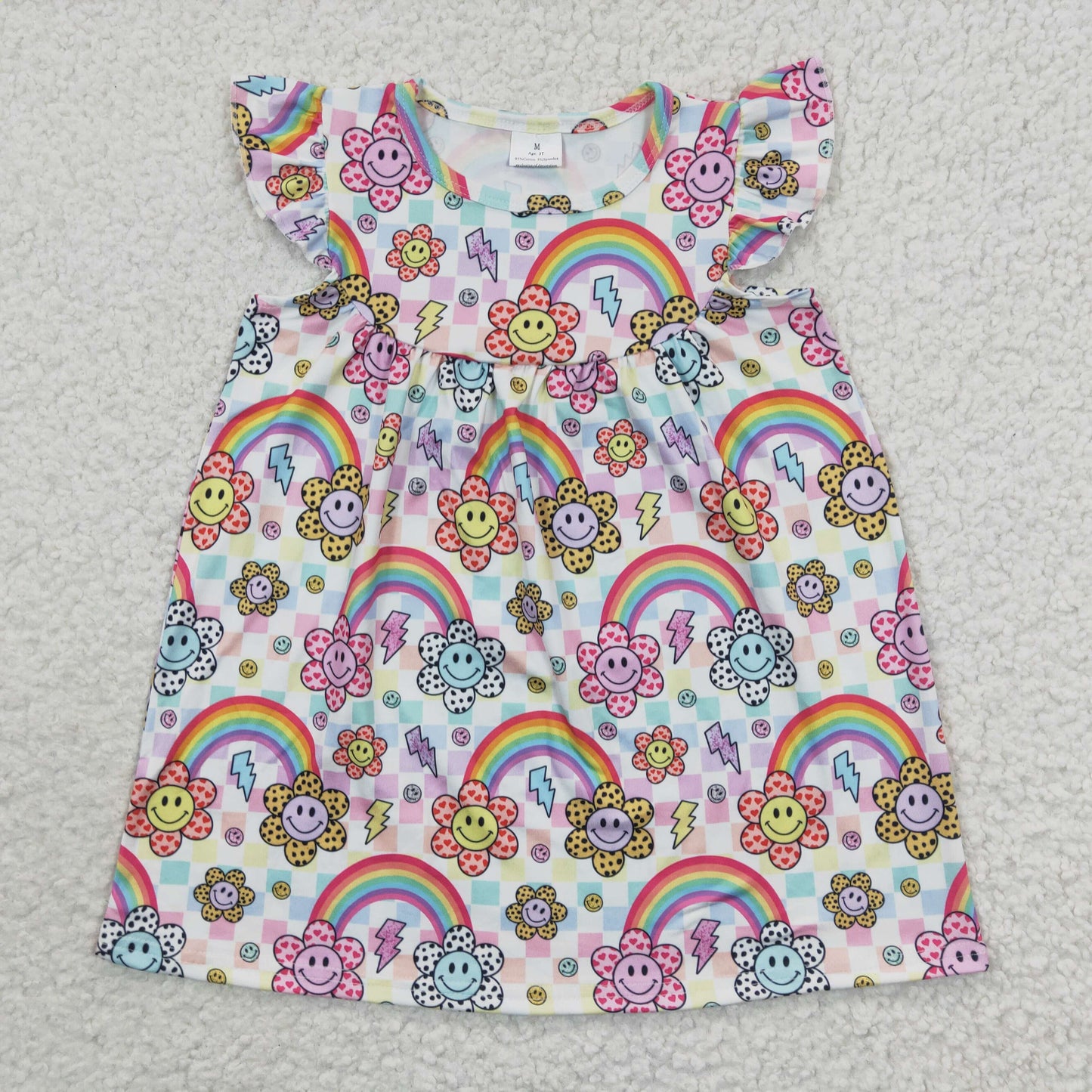 GSD0324  Pink Rainbow Sun Pink Purple Plaid Girls Short Sleeve Dresses