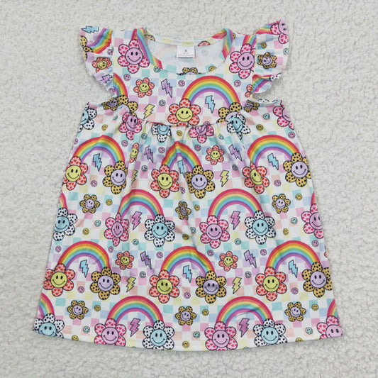 GSD0324  Pink Rainbow Sun Pink Purple Plaid Girls Short Sleeve Dresses