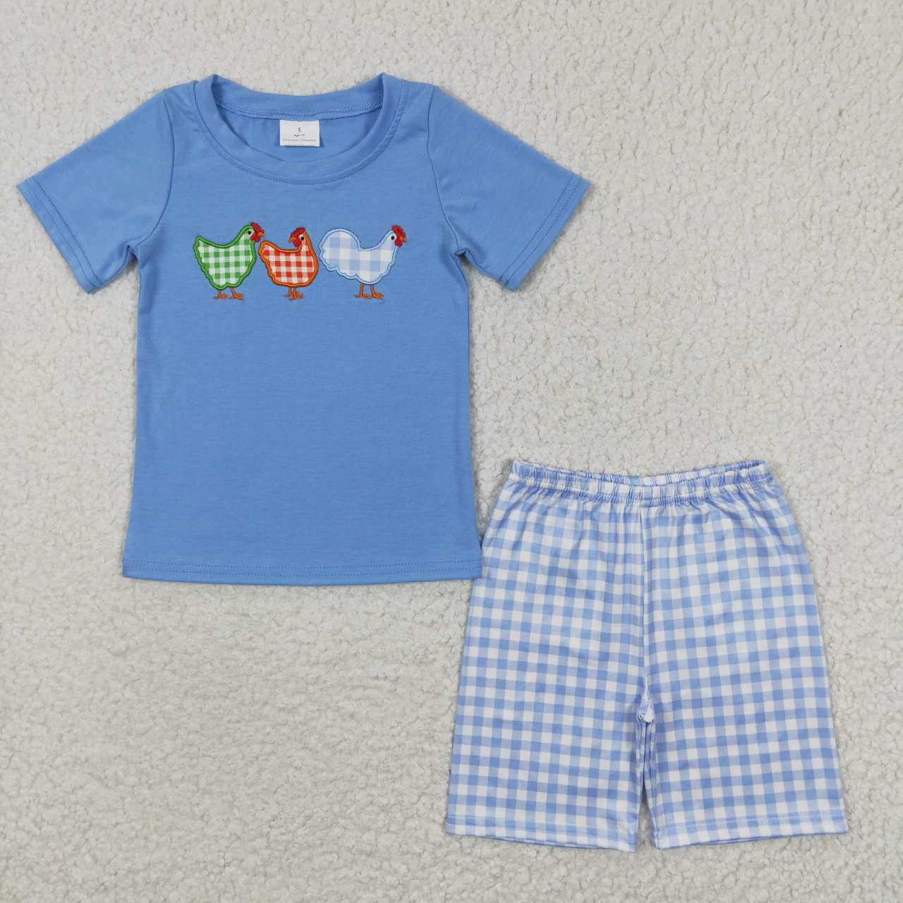 BSSO0201 Blue Chicken Embroidery Boys Short Sleeve Shorts Outfits