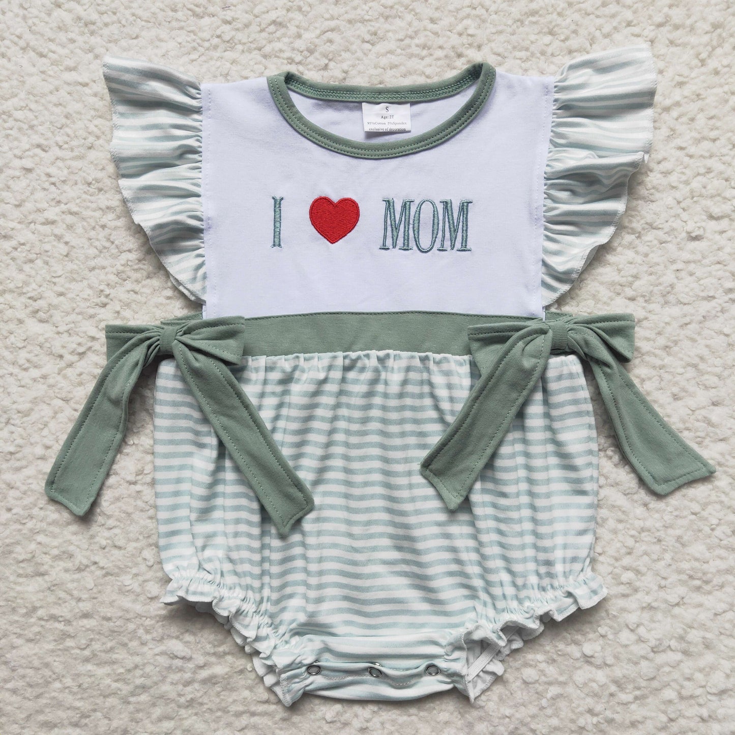 SR0237 Green Plaid I Love Mom Embroidery Girls Short Sleeve Romper