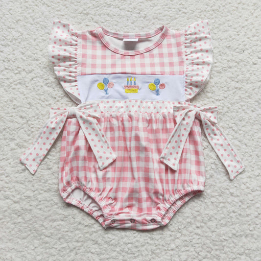 SR0269 Pink Happy Birthday Cake  Embroidery Girls Flutter Sleeve Romper