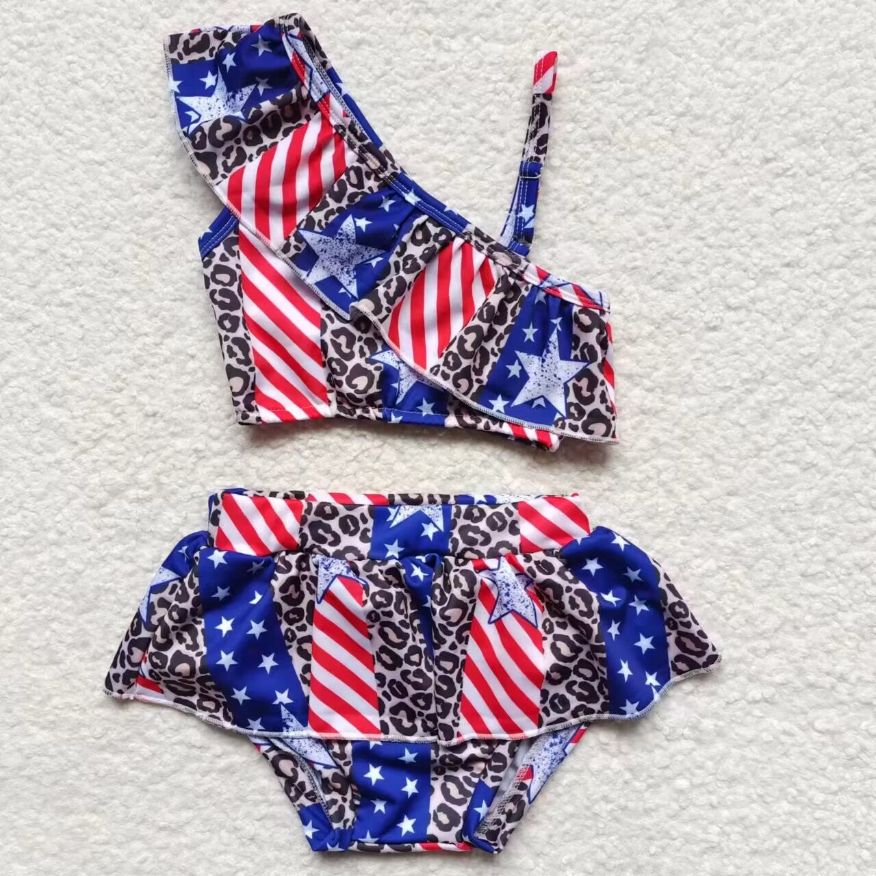 S0094 4th Of July Red Blue Starts Leopard Girls Swimming Bathing Suits Swimsuits