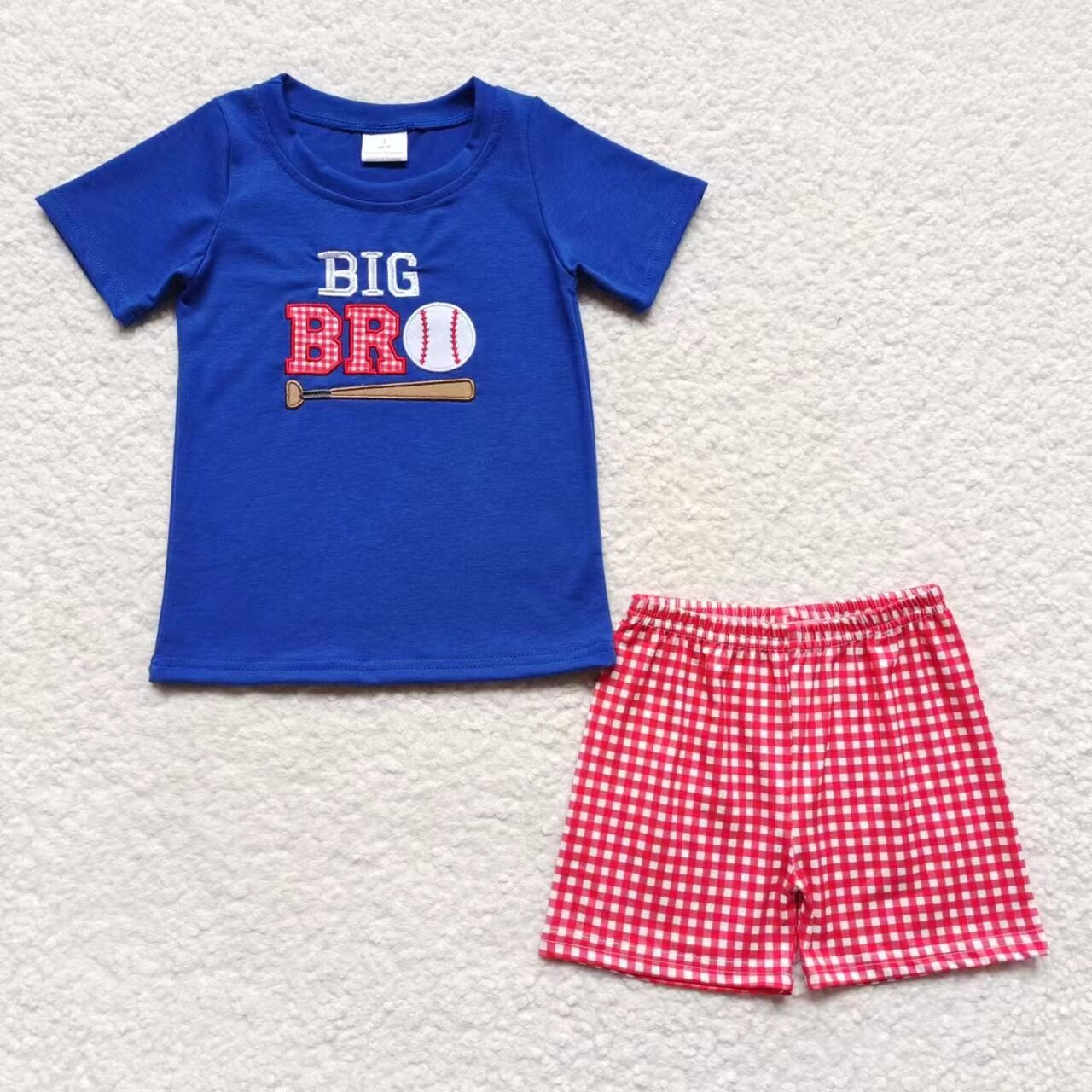 BSSO0203 Blue Red Big Bro Softball Embroidery Boys Short Sleeve Shorts Outfits