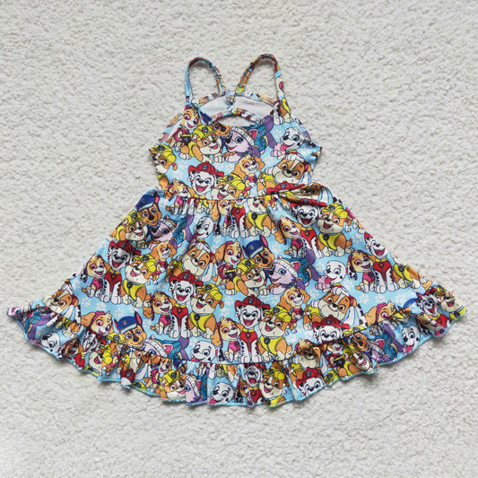 GSD0291 Blue Dog Cartoon Girls Short Sleeve Dresses