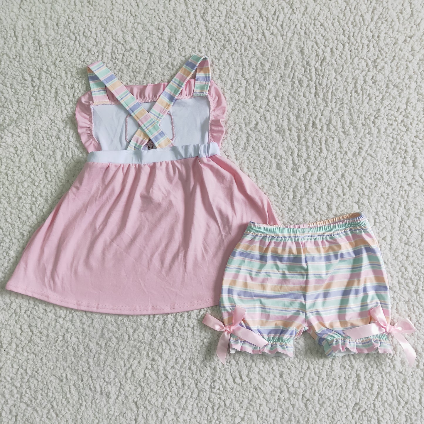 GSSO0012 PInk Popsicle Embroidery Striped Girls Sleeveless Shorts Outfits