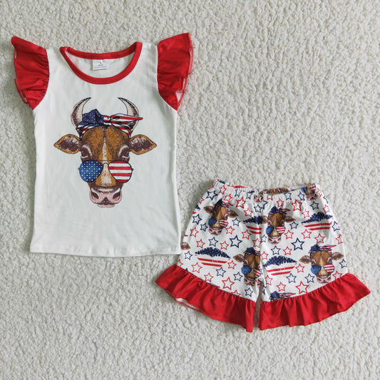 GSSO0046 4th Of July Red Highland Cows Girls Flutter Sleeve Shorts Outfits