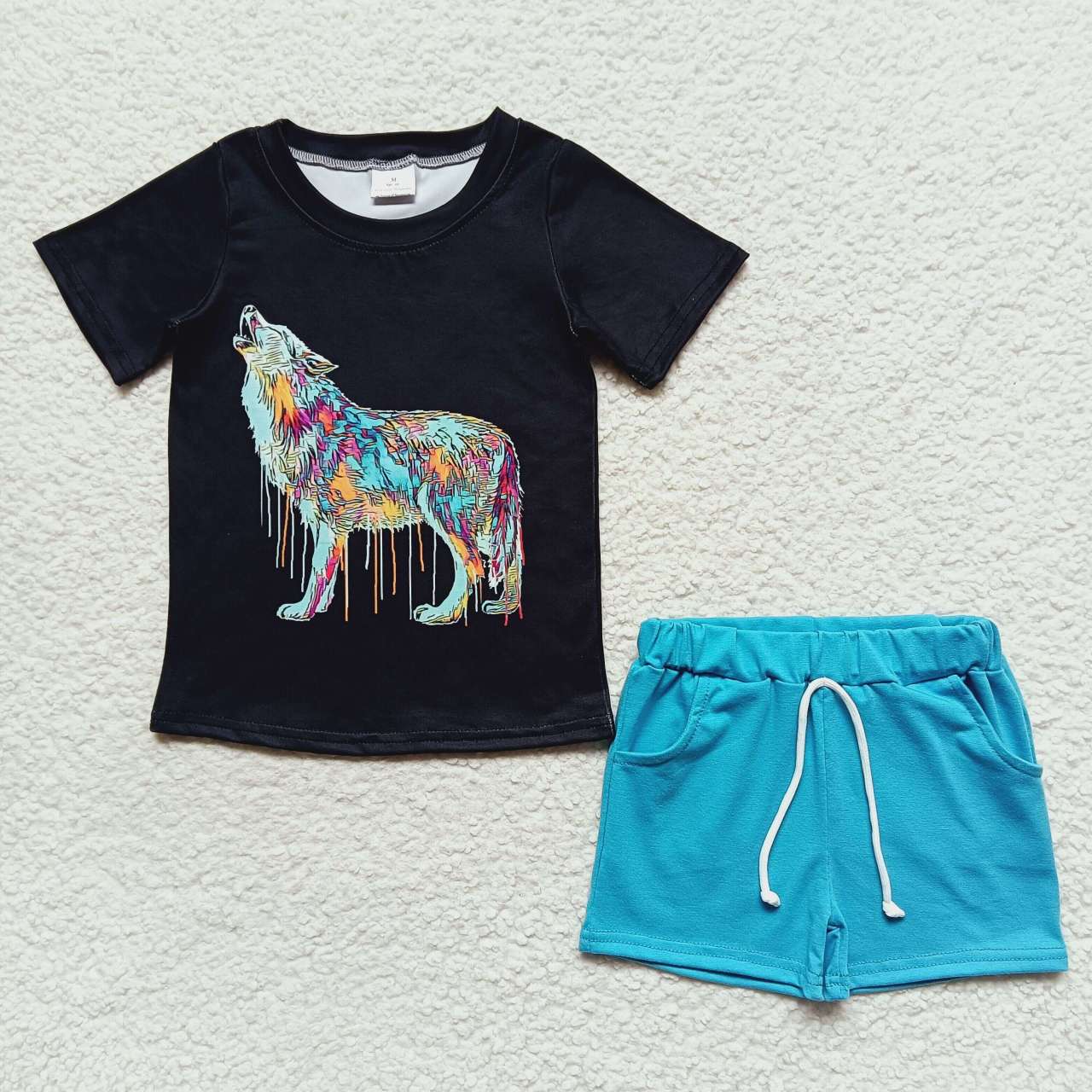 BSSO0219 Blue Black Wolf Boys Short Sleeve Shorts Outfits