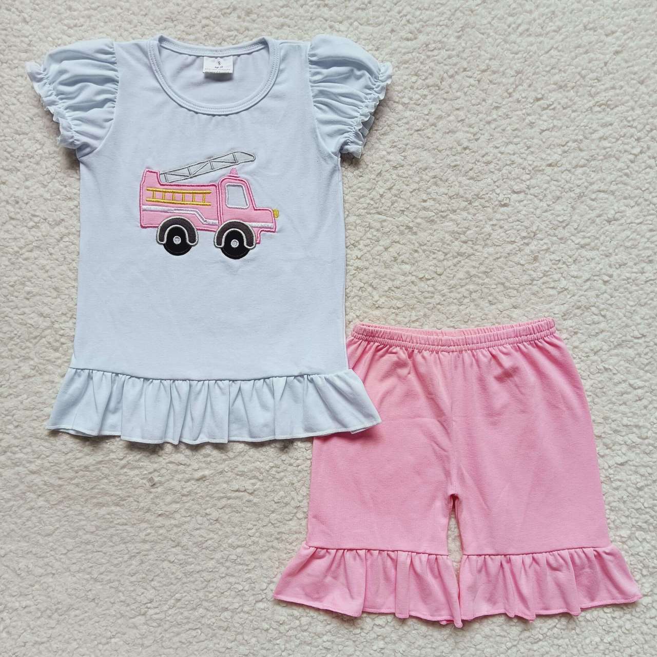 B3-4 Embroidery Pink Fire Fighting Truck Girls Short Sleeve Shorts Outfits