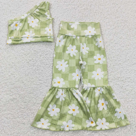 GSPO0524 Green Floral Flower Single Girls Short Sleeve Bell Bottom Pants Outfits