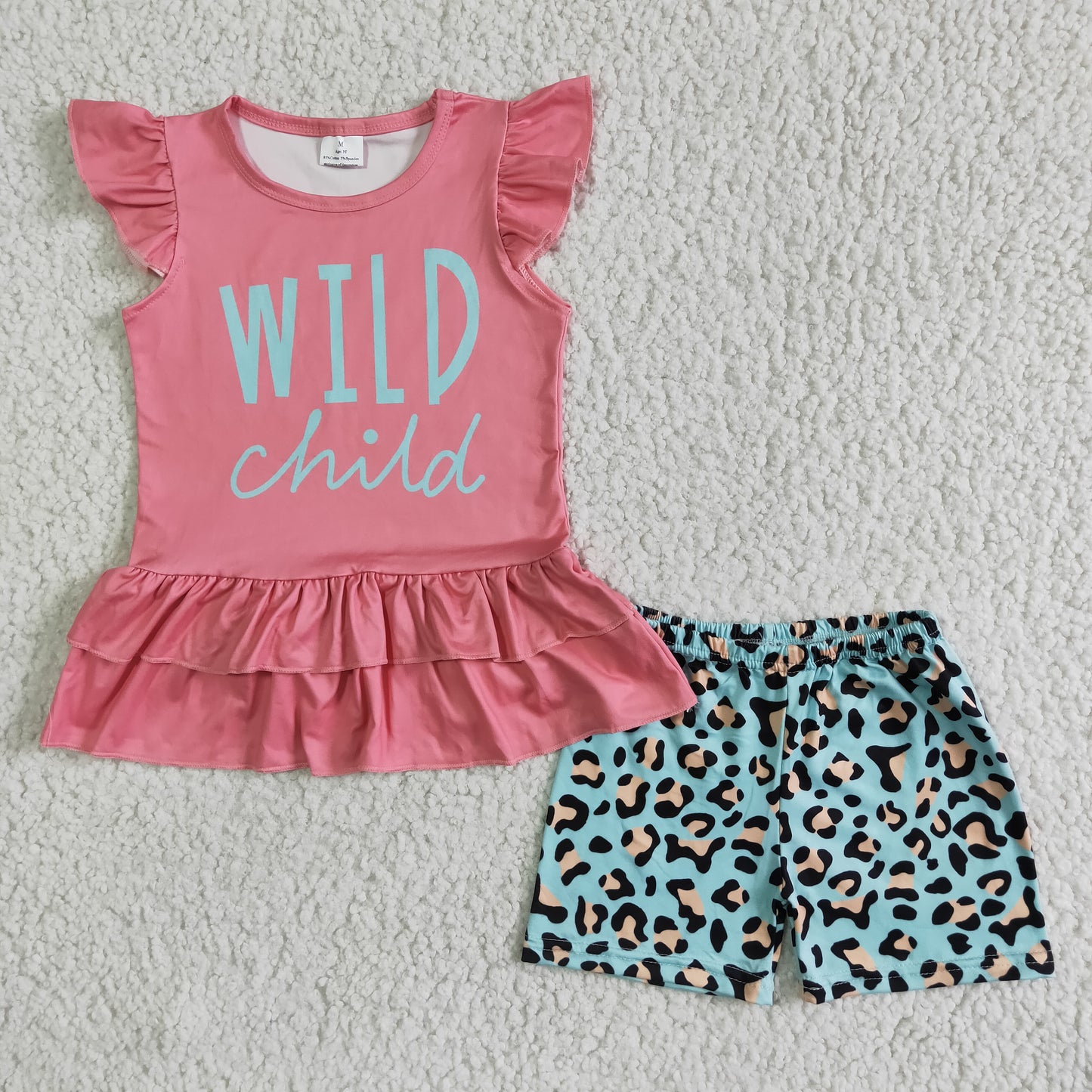 GSSO0036 Pink Leopard Wild Child Girls Flutter Sleeve Shorts Outfits