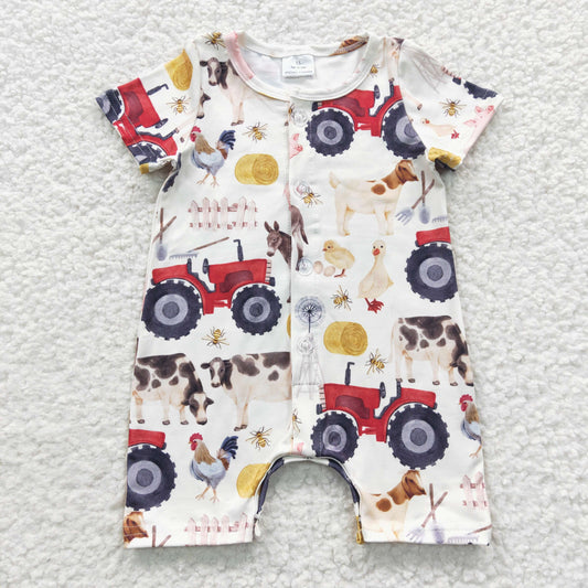 SR0279 Farm Cow truck  Boys Short Sleeve Romper